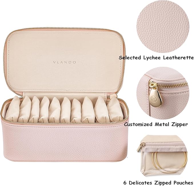 VLANDO Travel Jewelry Box Organizer – Portable PU Leather Jewelry Case with 6/8/12 Zippered Pouches, Compact Storage for Earrings Rings Necklaces Bracelets, Rosy Mauve