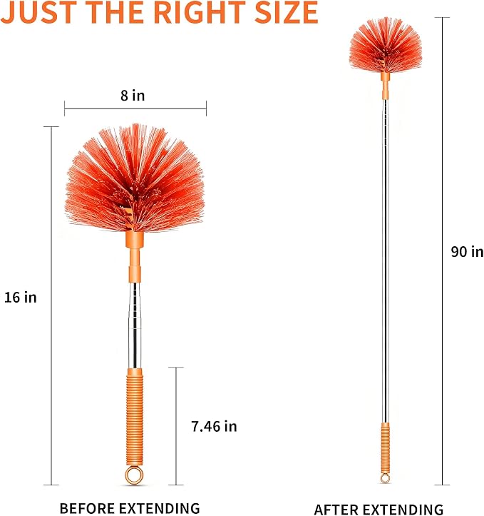 Cobweb Duster with Extension Pole, 90" Spider Web Brush, Orange | Cobweb duster with extension pole & stainless steel telescopic handle. For ceilings, fans & corners. Collapses to 15.7".