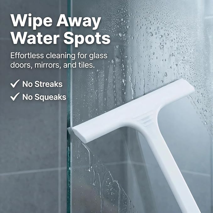 Silicone Shower Squeegee - All-in-One Design with Built-in Hook, 10 Inch Streak-Free Bathroom and car Cleaner for Glass Doors, Mirrors, Windows, Tiles White