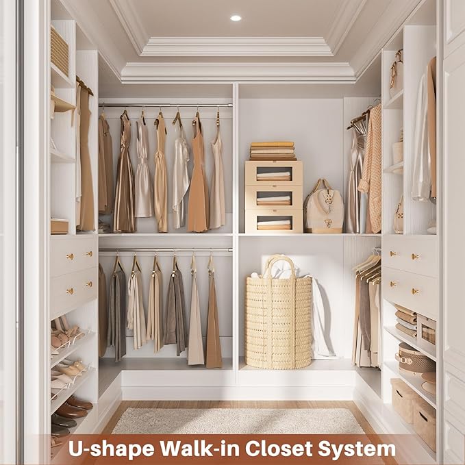 Besiost Closet System with 4 Drawers & Corner Tower, Closet Organizer System with 4 Hanging Robs, Reversible U Shaped Walk-in Closet System, Load 2600+LBS Capacity, Set of 4, White