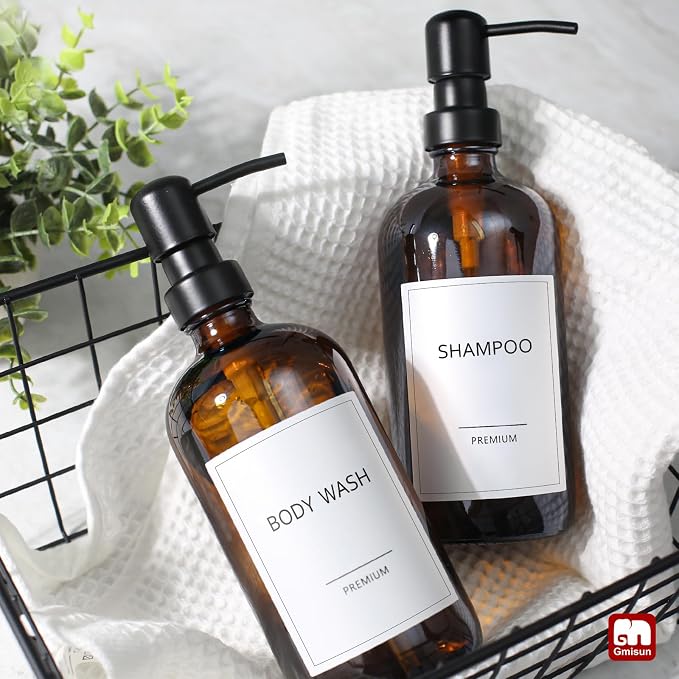 GMISUN Amber Glass Soap Dispenser, 8 Pack Bathroom Hand Soap Dispensers | 17 Fl Oz Kitchen Hand and Dish Soap Dispenser Set with Stainless Steel Pump, Modern Vintage Liquid Brown Soap Bottle