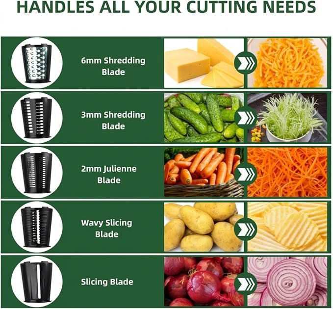 Rotary Cheese Grater with Handle - Vegetable Shredder with 5 Blades & Strong Suction Base, Round Slicer & Food Chopper for Kitchen (Black)