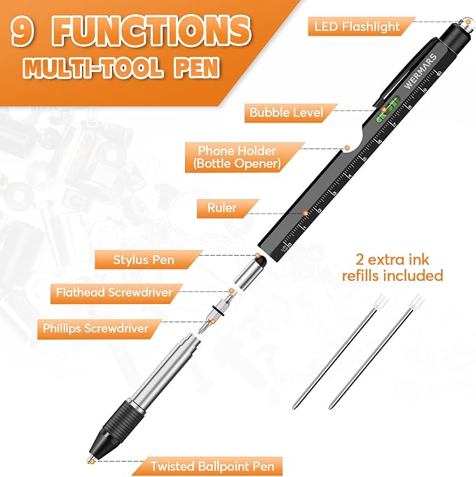Fathers Day Dad Gifts for Men,-9 in 1 Multitool Pen, Birthday Gift for Him,Christmas Cool Gadgets Dad Gifts from Kids, Gifts for Husband, Boyfriend, Grandpa,Gifts for Men Who Have Everything (Black)