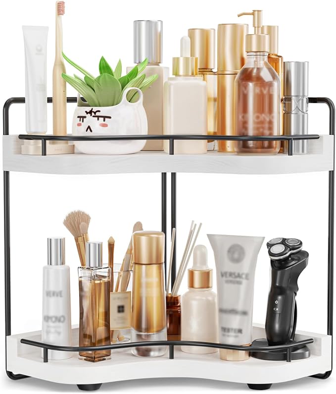 2-Tier Corner Bathroom Counter Organizer, Larger Size | Embedded Screw Holes, Sturdy & Stable, Oversized, Holds More, Vanity Shelf for Makeup & Skincare, White