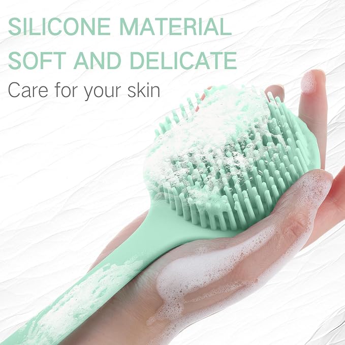 Sunnyray 2 Pack Silicone Back Scrubber for Shower with 15" Long Handle Double-Sided Bath Body Brush for Exfoliating Easy to Clean Quick Dry Deep Cleaning Lathers Well(Nordic Green)