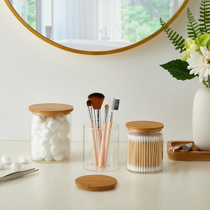 INIUNIK 3 Pack Glass Qtip Holder Dispenser with Bamboo Lid Apothecary Jars Cotton Ball Swab Holder Jar Dispenser Bathroom Vanity Canisters for Countertop Storage and Organization