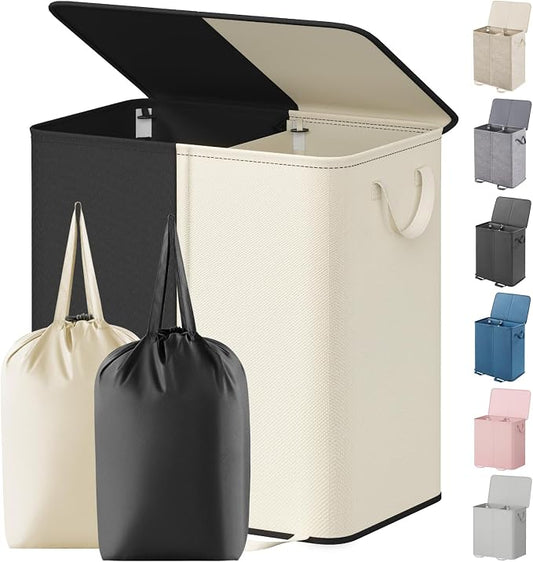 Lifewit Double Laundry Hamper with Lid and Removable Laundry Bags, Large Collapsible 2 Dividers Dirty Clothes Basket with Handles for Bedroom Laundry Room Closet Bathroom College, 136L White&Black