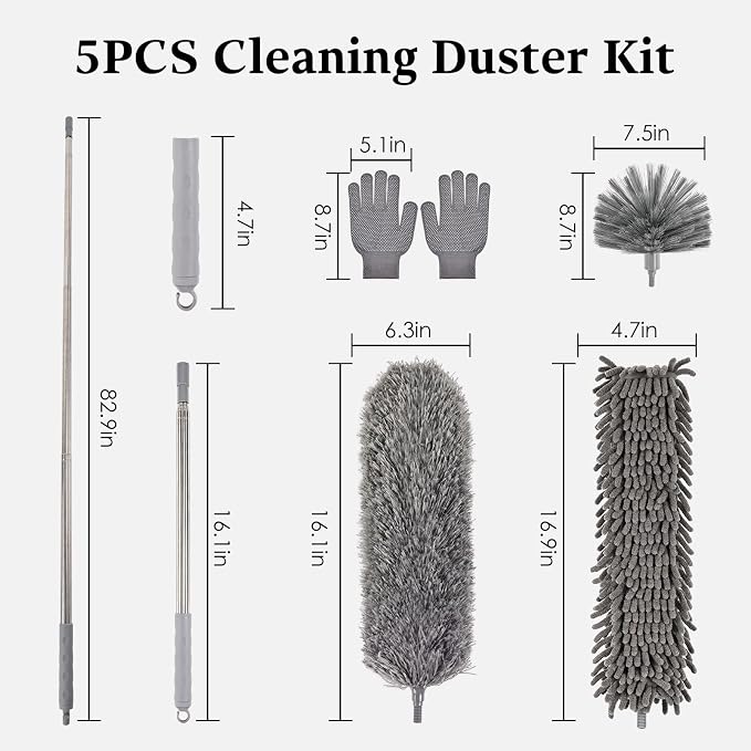 Microfiber Feather Duster 5-in-1 Kit with Extension Pole, Washable Cleaning Duster Set with 3 Duster Heads, Cobweb Duster, Corner Brush, 100'' Extendable Long Duster for High Ceilings, Fans, Furniture