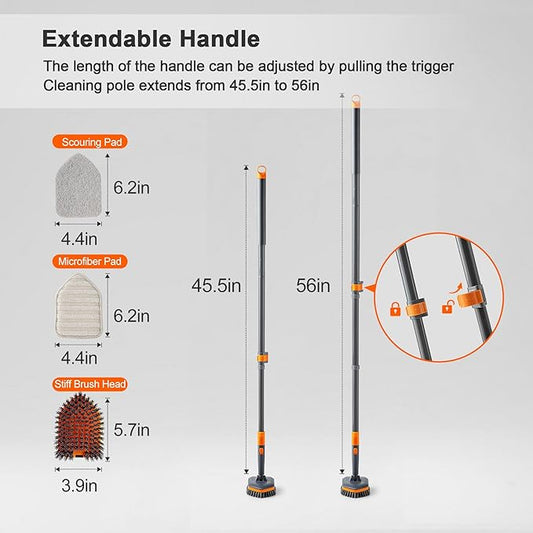 CLEANHOME Tile Tub Scrubber Brush with 3 Different Function Cleaning Heads and 56" Extendable Long Handle-No Scratch Shower Scrubber for Cleaning Bathroom Kitchen Toilet Wall,Bathtub,Sink,Grey