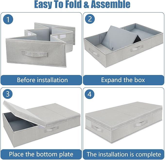 Supowin Underbed Storage Containers Bin with Lids, Large Under Bed Storage Organizer Box with Handle, Foldable Under the Storage Bags for Organizing Clothes, Shoes, Blankets, Pillows