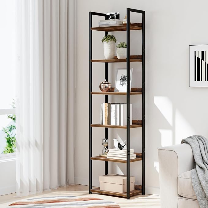 NUMENN Narrow Bookshelf, 6 Tier Freestanding Shelving Unit, Vintage | Metal Frame & Wood Shelves, Falling Prevention Baffle, Open Storage Bookcase for Bedroom, Living Room & Home Office
