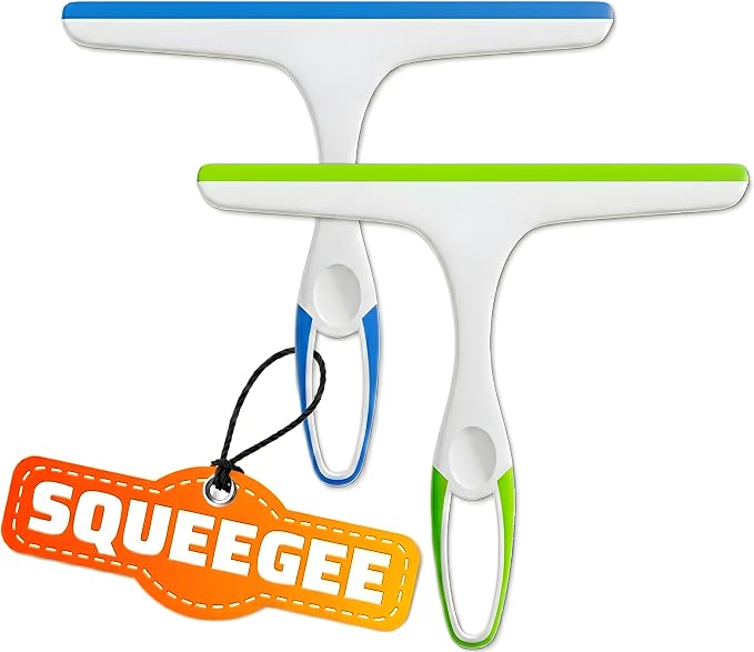 2 Pack Shower Squeegee for Glass Doors – 9.5” Silicone Blade Window Cleaner Tool (Blue & Green) – Bathroom, Car Windshield, Mirror & Tile Cleaning Wiper with Hook – Lightweight Ergonomic Handle