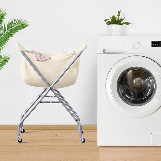 ELYKEN Laundry Basket with Wheels, Collapsible Laundry Hamper, Cream | Removable Liner Bag, Foldable Design, Sturdy Metal Frame, 4 Casters, 32”H Laundry Cart for Bedroom, Bathroom & Laundry Room