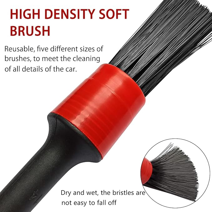 yuntop 5 Different Sizes Detailing Brush Set, Wheel & Tire Brush, Perfect for Cleaning Wheels,Car Dashboard, Interior, Exterior, Leather, Air Vents, Emblems, Motorcy
