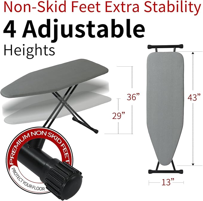 Ironing Board 48" X 15", Metal Construction Iron Board with Extra Thick Heavy Duty Padded Cover, Stable Structure, Height Adjustable, Anti-Skid Feet (Grey A)