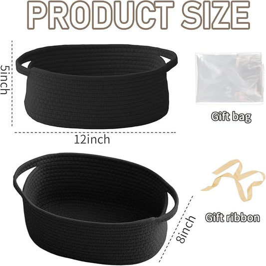 JMvicyroam Woven Basket,Small Rope Storage Bin with Handles & Ribbon Bag, Organizer for Shelves Closets,Gift Basket Empty for Birthday,Books,Dog Toys, Black/3 Pack