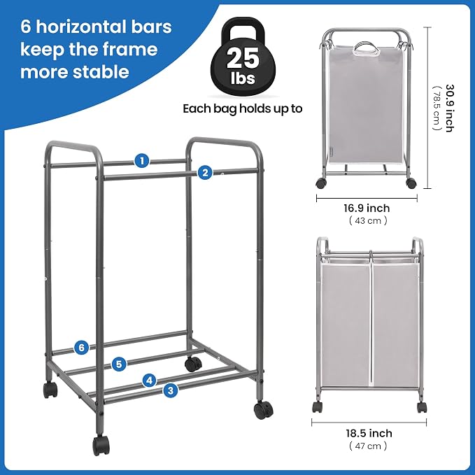STORAGE MANIAC Laundry Sorter 2 Section, 90 L Gal Laundry Hamper with Wheels, Clothes Basket Separator Sorter, 2 Bag Rolling Cart and Removable Bags for Closet, Dorm, Collage, Grey