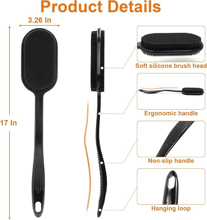 Silicone Back Scrubber for Shower, Long Handle Silicone Body Scrubber with 5.4" Wide Brush Head, Double Sided Back Brush for Shower Exfoliating Massage, 16.5" Silicone Back Brush for Men & Women