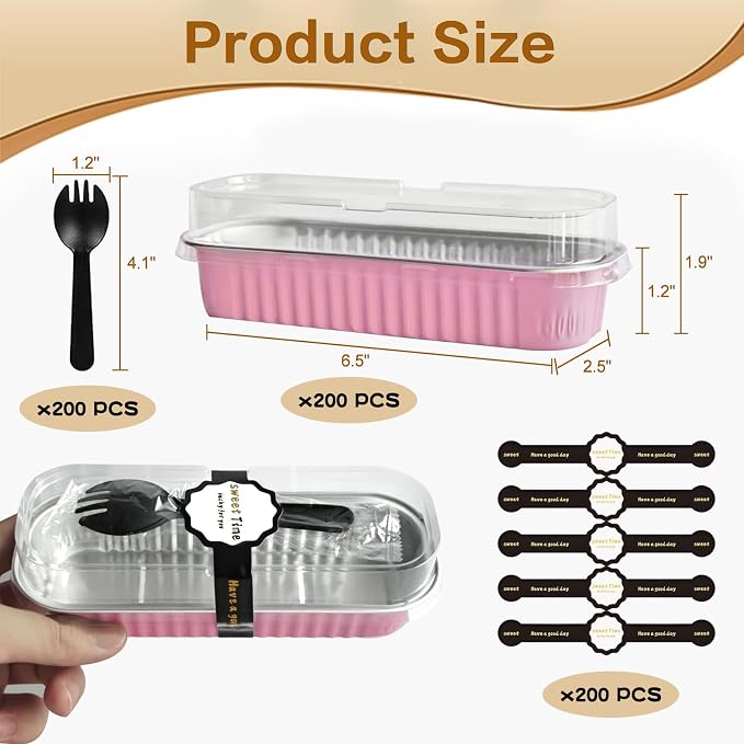 Mini Cake Pans with Lids and Spoons 200 Pack, Mini Loaf Pans with lids 6.8oz, Small Disposable Aluminum Foil Loaf Pans, Rectangular Baking Container for Party, Picnics and Birthday (Pink)