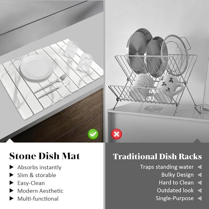 Large Stone Dish Drying Mats for Kitchen Counter, 24"×16" Marble-Pattern, Fast Drying Collapsible Dish Drying Mat, Non - Slip Collapsible Absorbent Mat for Multi - Purpose, Match Any Countertop【White】