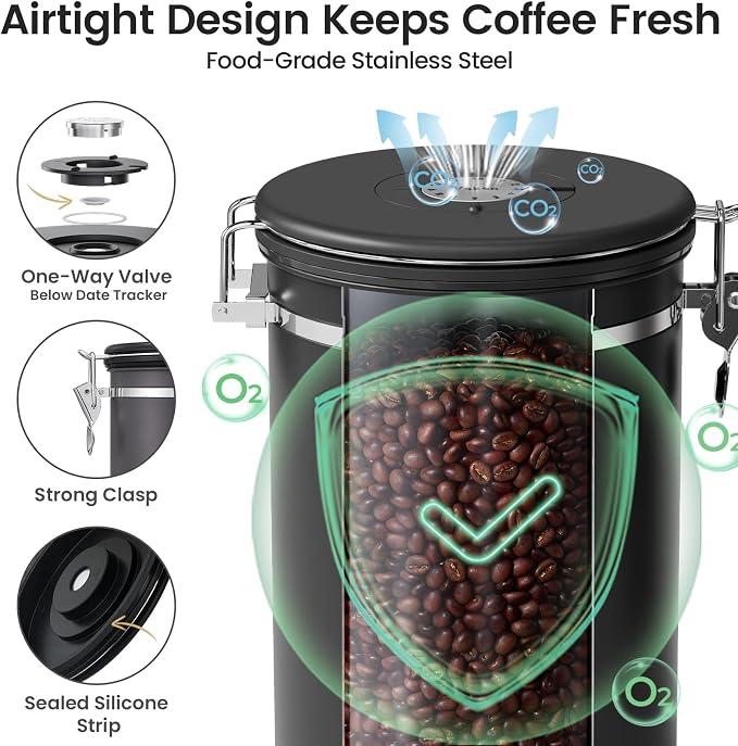 Veken Large Coffee Canister with Window, Kitchen Food Storage Airtight Stainless Steel Container for 2.2lbs Coffee Beans, Grounds, Rice,Tea, Flour, Cereal, Sugar Jars,Date Tracker and Scoop 39oz,Black