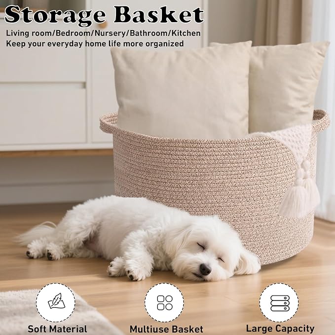 90L Large Blanket Basket,21.7"L x 21.7"W x 13.8"H Rope Woven Baskets with Handles,Brown Storage Bins,Laundry Basket Perfect for Living Room, Nursery,Bedroom,Home Organization