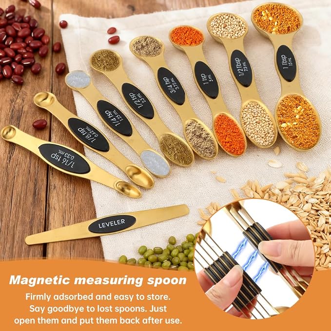 13pcs Gold Stainless Steel Measuring Cups and Spoons Set, 8 Double-Sided Magnetic Measuring Spoons & 4 Metal Measure Cups & 1 Leveler for Liquid Dry Ingredients Cooking Baking(COLOR:Gold)