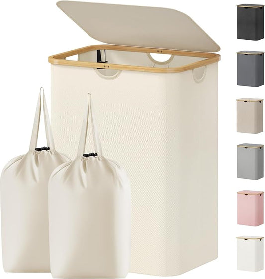Lifewit 150L Laundry Basket with Lid, Clothes Hampers for Laundry with Bamboo Handles and 2 Removable Bag, Large Foldable Laundry Hamper for Bedroom, Bathroom, Dorm, Laundry Room, White