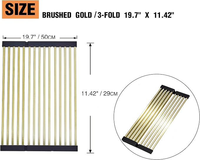 Foldable Over Sink Dish Drying Rack, 304 Stainless Steel Kitchen Drain Rack for Tableware, Detachable Silicone Edge, Rectangular Tubing (Brushed Gold, 3 Fold 19.7" x 11.42")