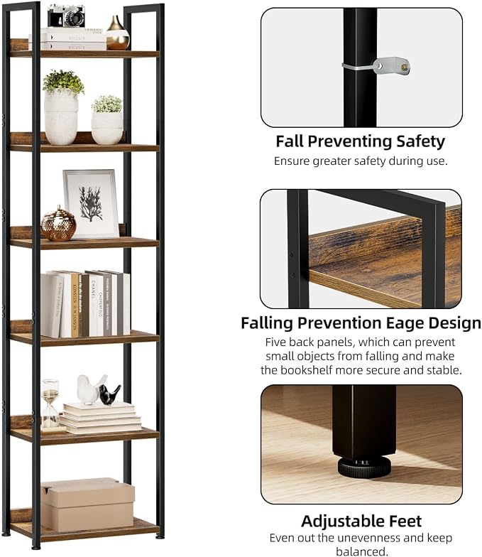 NUMENN Narrow Bookshelf, 6 Tier Freestanding Shelving Unit, Vintage | Metal Frame & Wood Shelves, Falling Prevention Baffle, Open Storage Bookcase for Bedroom, Living Room & Home Office