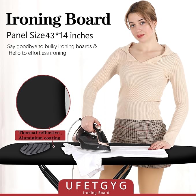 UFETGYG Ironing Board with Iron Rest,Extra Thick Cover,43x13 Compact and Space Saver Iron Board, Height Adjustable,Stable Structure, Easy to Fold, Black
