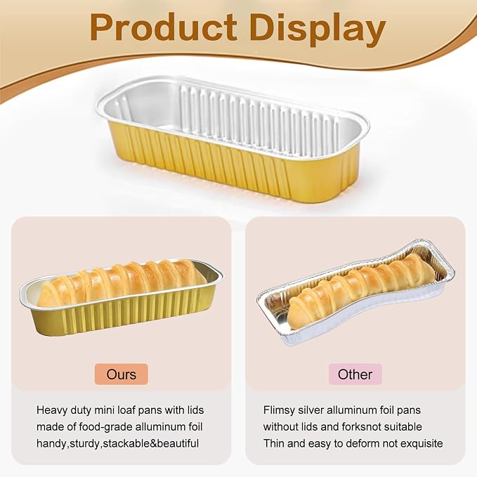 100 Pack Mini Cake Pans with Lids and Spoons, Mini Loaf Baking Pans 6.8oz, Small Disposable Aluminum Foil Loaf Pans, Rectangular Baking Containers for Party and Picnics, Cheesecake Pans (Gold)