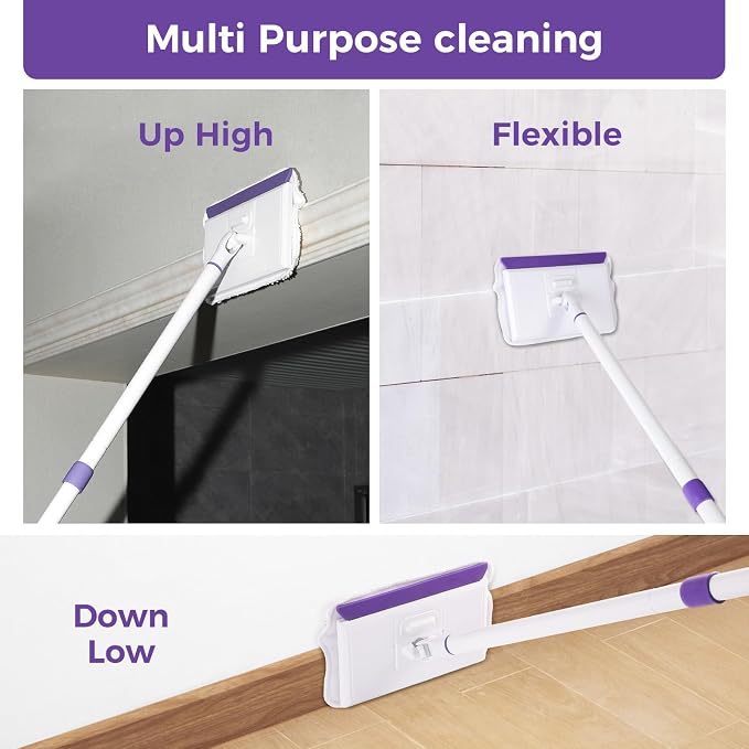 Baseboard Cleaner Tool with 60" Extendable Handle, 5 Reusable Pads | Microfiber & Chenille Pads, Dust-Locking Design, Safe On Walls And Moldings, Reaches Corners And Under Furniture