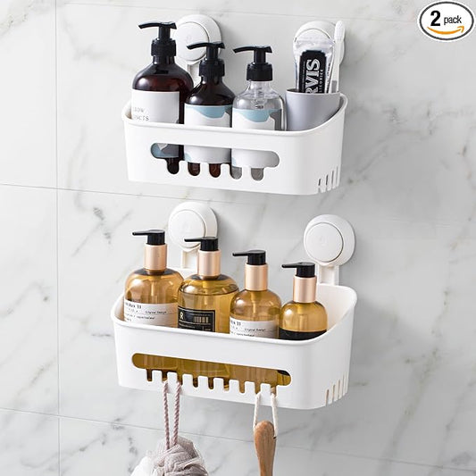 LEVERLOC Shower Caddy Suction Cup Shower Organizer Bathroom Storage Removable Powerful Suction Shower Shelf，M+L