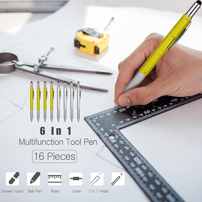 Zhanmai 16 Pcs Multi Tool Pens for Men, 6 in 1 Multitool Ballpoint Pen with Screwdriver Ruler Level Stylus Refills, Bulk Gifts for Employees Office Gadget Supplies Birthday Christmas Stocking Stuffers