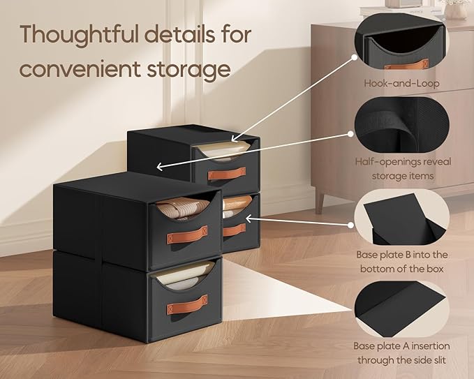 Homsorout Stackable Storage Drawers - Collapsible Storage Bins with Drawers, 4 Pack Closet Shelf Organizer Basket, Fabric Pull Out Organizer for Bedroom, Living Room, Dorm, Black
