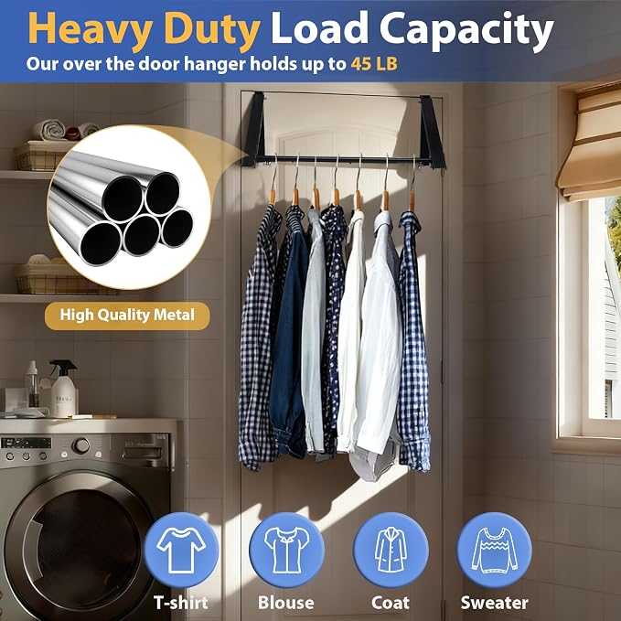 Over The Door Hanger, Foldable Over The Door Drying Rack with 20"-32" Expandable Width, Space Saving Doors Clothes Hanger for Laundry, Bathroom, Apartment, Fits Doors up to 1-1/4”, Metal, Black