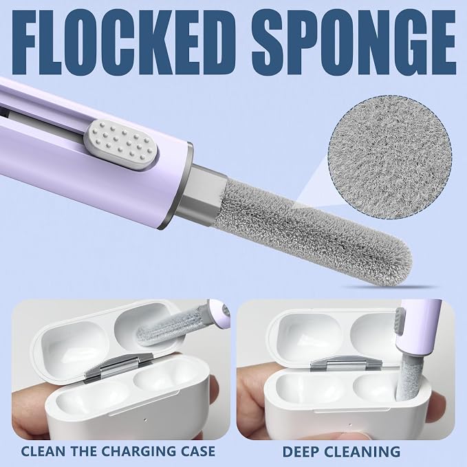 Inesore Multi Cleaning Kit for AirPods & All Bluetooth Earbuds (Purple) | Metal Tip, High-Density Soft Brush, Flocked Sponge Tip, 3 in 1 Design, Compact & Lightweight, Easy Operation, Easy to Carry