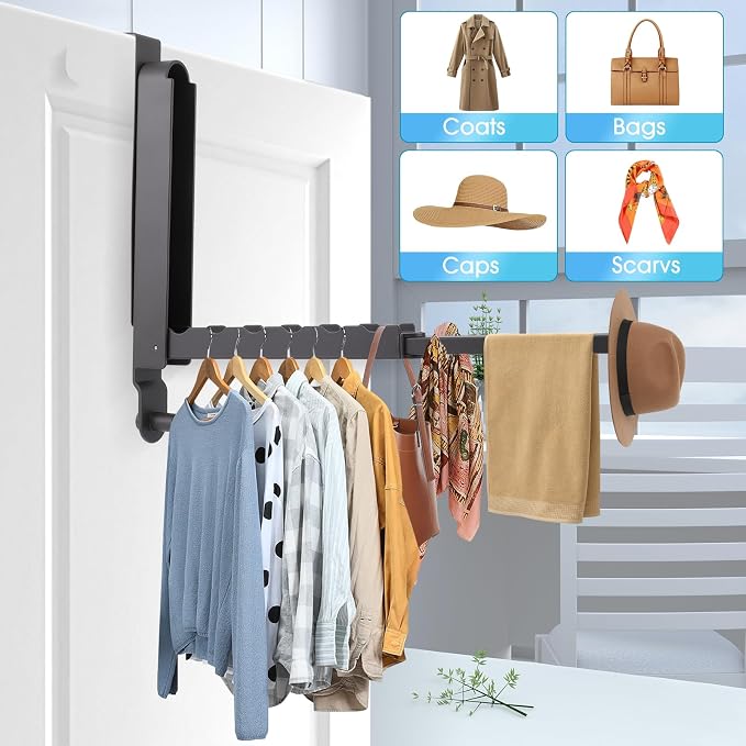 Over The Door Drying Rack, 1 Pack Grey Foldable Clothes Hanger Doors Hooks | Fits Doors Up To 1.88", Foldable Design, 6 Anti-Slip Slots with Extra Hanging Rod, Door Organizer Rack for Laundry Clothes
