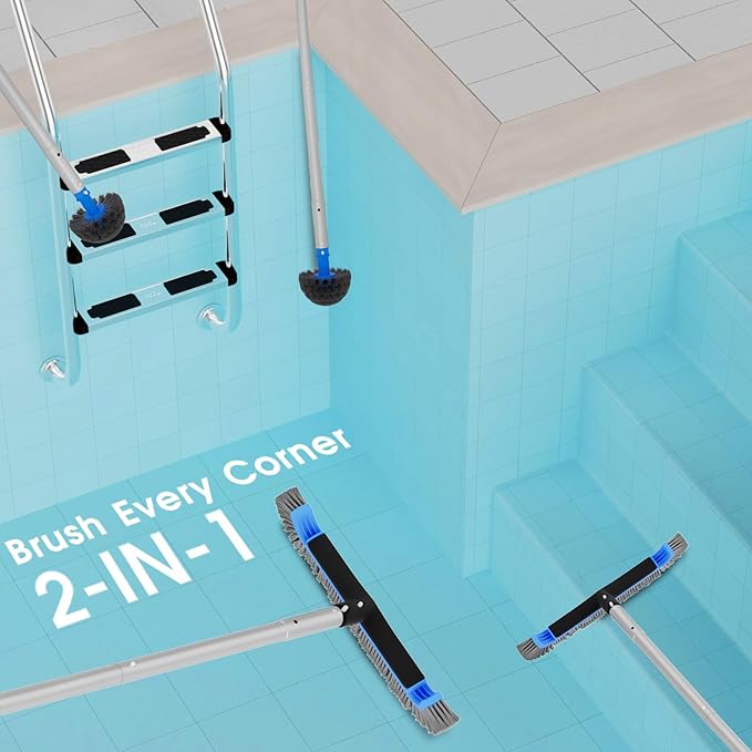 2 in 1 Pool Brush with Pole - 17.5'' Heavy Duty Swimming Pool Brush & Small Round Brush Head, 9 FT Aluminum Poles, Cleaning Inground & Above Ground Pools