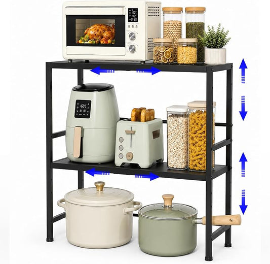 Expandable Metal Storage Shelves, 300 LBS Heavy Duty Metal Shelving Unit Rack For Pots And Pans Appliances Heavy Items, Adjustable 2 Tier Storage Shelf Rack Organizer For Kitchen Pantry Garage Laundry