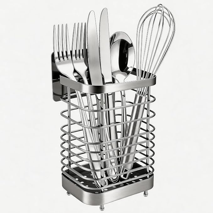 Stainless Steel Utensil Holder & Drying Rack for Kitchen Sink, Wall Mountable and Tabletop Cutlery Drainer Caddy for Spoons, Forks, Chopsticks (silver)