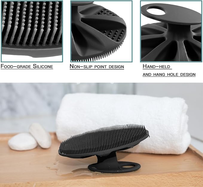 INNERNEED Silicone Body Cleansing Brush Exfoliating Scrubber, Gray+ Black | Gentle Massage, Deep Clean, Hygienic Shower Scrub Brush Soft Bristles for All Skin Types, Easy to Hold