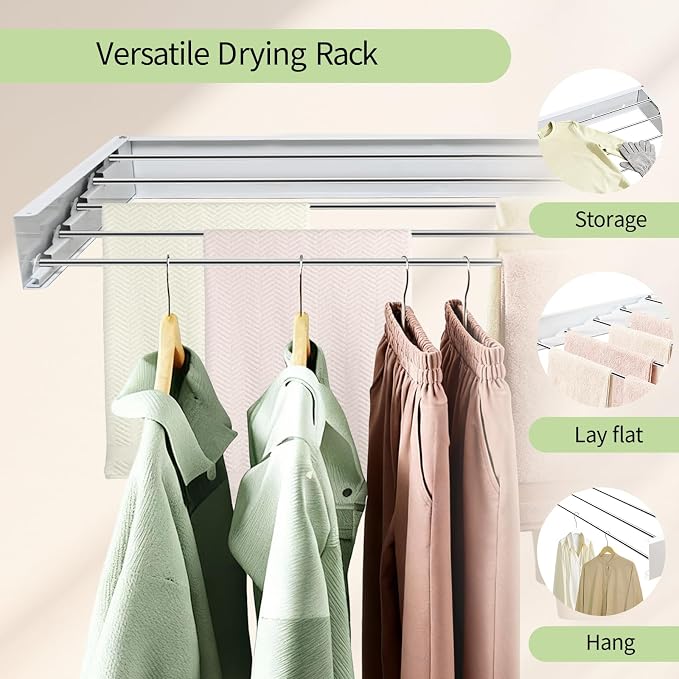 31.5 Inch Wall Mounted Clothes Drying Rack, Foldable Laundry Rack | Space Saving Wall Mounted Drying Rack with 5 Aluminum Rods, 40 lbs Capacity, Foldable Design for Laundry Room, Bathroom