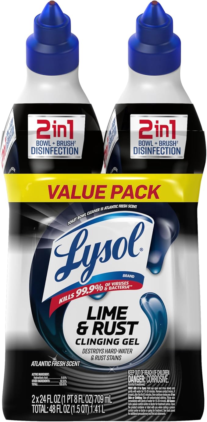 Lysol Lime & Rust Toilet Bowl Cleaner Liquid, For Limescale, Rust & Hard Water Stains, Septic Safe, Clinging Gel, Disinfects, Sanitizes & Deodorizes, Bathroom Cleaning Supplies, 24oz (4 Pack)