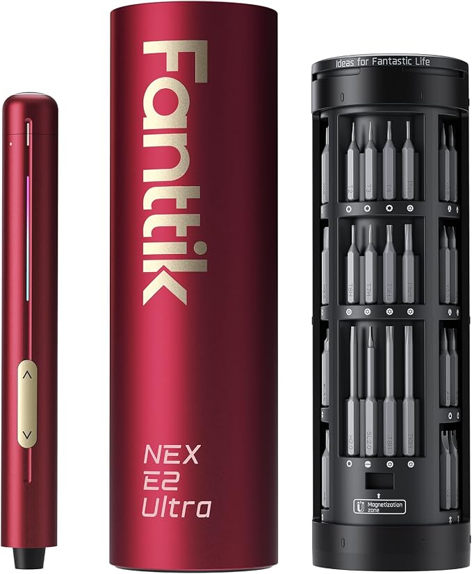 Fanttik E2 Ultra Electric Screwdriver, Precision Screwdriver Set (Red) | 50 Magnetic Bits, 5/32''Hex Shank, 0.6N.m, RevoStor Magnetic Storage, Repair Kit for PC, Phone, 3D Printer, RC Cars, Drone