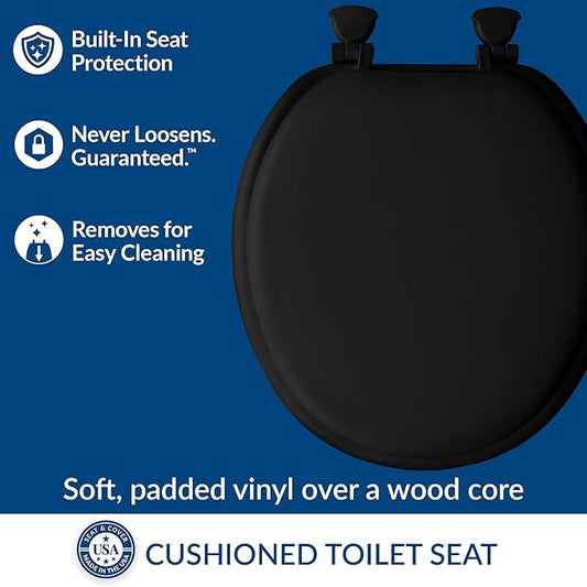 Mayfair Padded Toilet Seat, Cushioned Soft Vinyl over Wood Core Seat, Secure Hinges, Easy Clean, Made in USA, Round, Black (Pack of 2)