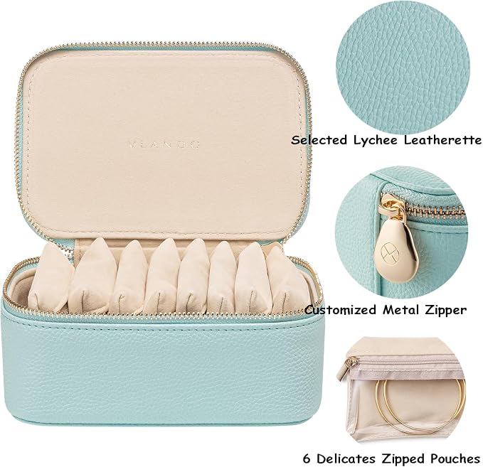 VLANDO Travel Jewelry Box Organizer – Portable PU Leather Jewelry Case with 6/8/12 Zippered Pouches, Compact Storage for Earrings Rings Necklaces Bracelets, Aqua Blue