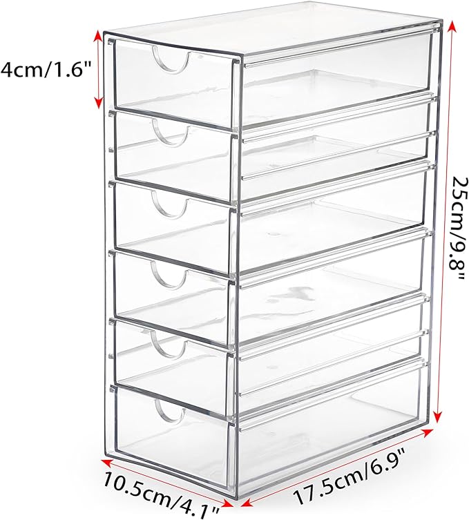 Hipiwe Plastic Drawer Organizer Desktop Storage Box with 6 Pull Out Drawers | Clear Compact Drawers Box for Cabinet Vanity Bathroom Bedroom Pantry Shelf Office Closet Organization