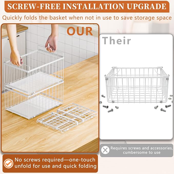 Large Freezer Organizer Bins, Upgrade Quick Expand/Collapse Feature, for 5-9 Cu.Ft Deep Freezer, 4 Pack Stackable Deep Freezer Organizer Bins, Black Wire Foldable Baskets White 6 Pack